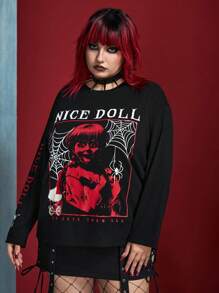 ANNABELLE x SHEIN 大码女式哥特式休闲落肩圆领蜘蛛网恐怖印花黑色长袖 T 恤，秋季，万圣节 - 黑色 - 查看 5