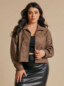 Elaquor Áo khoác da PU cổ điển cỡ lớn có khóa kéo, kiểu dáng ngắn thời trang, thu/đông - Cà phê nâu - Xem 4