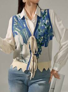 Mulvari 女士秋冬 V 领提花图案系带毛衣背心 - 彩色 - 查看 4