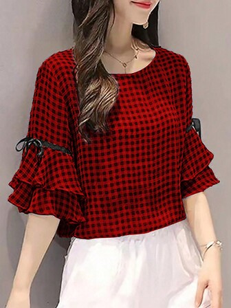 Women Plaid Round Neck Flared Sleeve Loose Casual Blouse, Spring/Summer