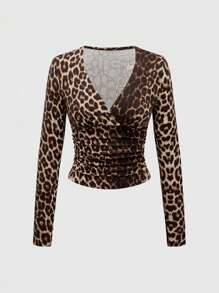 ROMWE Grunge Punk Y2K Leopard Print Deep-V Waist Ruched Women's Fitted T-Shirt, Fall Tee