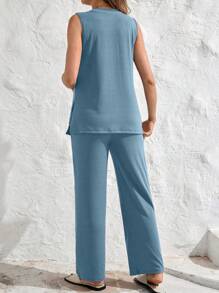 SHEIN 2pcs Maternity Elegant Commuter V-Neck Sleeveless Side Slit Tank Top And Adjustable Waist Straight Leg Pants Suit