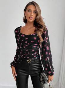 SHEIN Privé Áo thun dài tay cổ bèo nhún in hoa thanh lịch cho nữ, Xuân/Hè - Nhiều màu - Xem 5