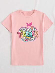 INAWLY 个性化霓虹豹纹苹果教师 V 领短袖休闲 T 恤女式图案 T 恤女式上衣 - 粉色 - 查看 4