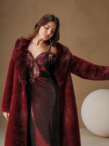Anewsta Luxury Oversized Fluffy Long Coat - Burgundy - View 4