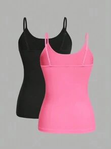 SHEIN EZwear Bộ 2 áo hai dây bó sát màu đen và hồng cỡ lớn dành cho nữ, thích hợp mặc vào mùa hè - Nhiều màu - Xem 4
