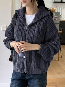 Dazy-Less Women's Solid Color Dropped Shoulder Long Sleeve Zip-Up Casual Textured Cardigan, Winter,Long Sleeve Tops,Fall Women Clothes Jacket - Navy Blue - View 5