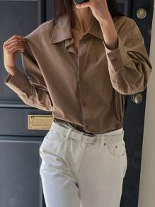 DAZY 女士休闲纯色落肩长袖衬衫，适合工作、春夏季 - 棕色 - 查看 1