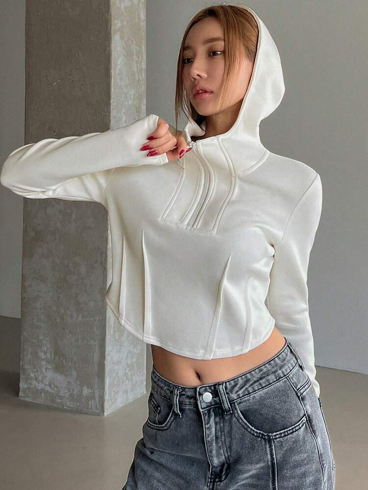 Women's Solid Color Zippered Mock Neck Long Sleeve Cropped Sweatshirt, Spring & Autumn