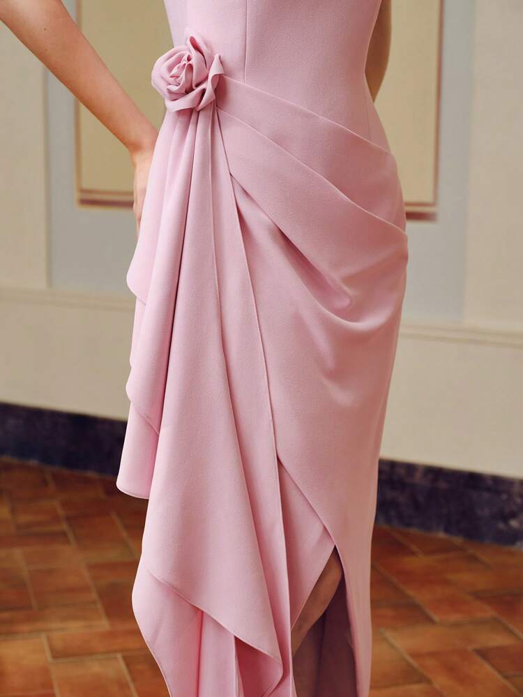 ZEYLAH SOLID WRAP RUCHED STEREO FLOWER WAIST DRESS