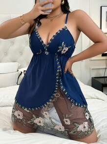 花卉刺绣性感高开叉女式睡袍 - 藏蓝色 - 查看 5