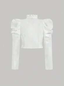 SHEIN MOD 大码女式白色宫廷风主教袖荷叶边领金属纽扣衬衫