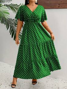 SHEIN Clasi Plus Size Women's Summer Polka Dot Printed V-Neck Ruffle Short Sleeve Elegant Dress, For Christmas Maxi Women Outfit - Green - View 3
