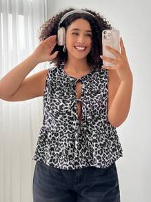 SHEIN EZwear Áo len cardigan dệt họa tiết da báo không tay cỡ lớn cho nữ - màu đen - Xem 1