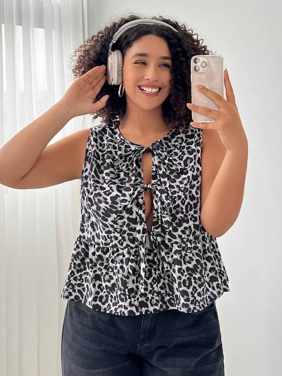 SHEIN EZwear Áo len cardigan dệt họa tiết da báo không tay cỡ lớn cho nữ - màu đen - Xem 1