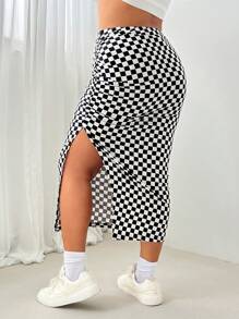 SHEIN Tall CURVE Plus Size Women Checkered Print Side Split Skirt