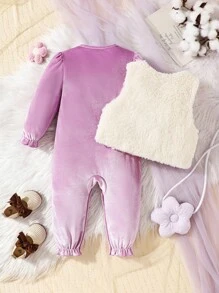 2pcs Baby Girls Jumpsuit + Embroidered Plus Fleece Thick Vest Set, Cute & Warm Outfits For Autumn/Winter - Purple - View 2