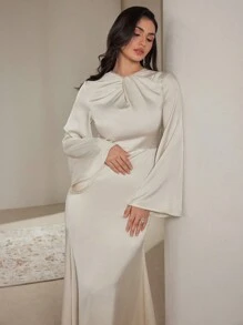 Veilorie Women's Solid Round Neck Long Sleeve Casual Simple Arabian Style Modest Dress - Apricot - View 1