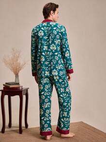 SHEIN EverLounge Ensemble de pyjama avec chemise à manches longues et pantalon, col à revers, imprimé floral, à simple boutonnage, pour homme