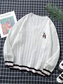 Claim Dot 男士 V 领宽松长袖针织毛衣，带字母刺绣，秋冬 - 白色 - 查看 1