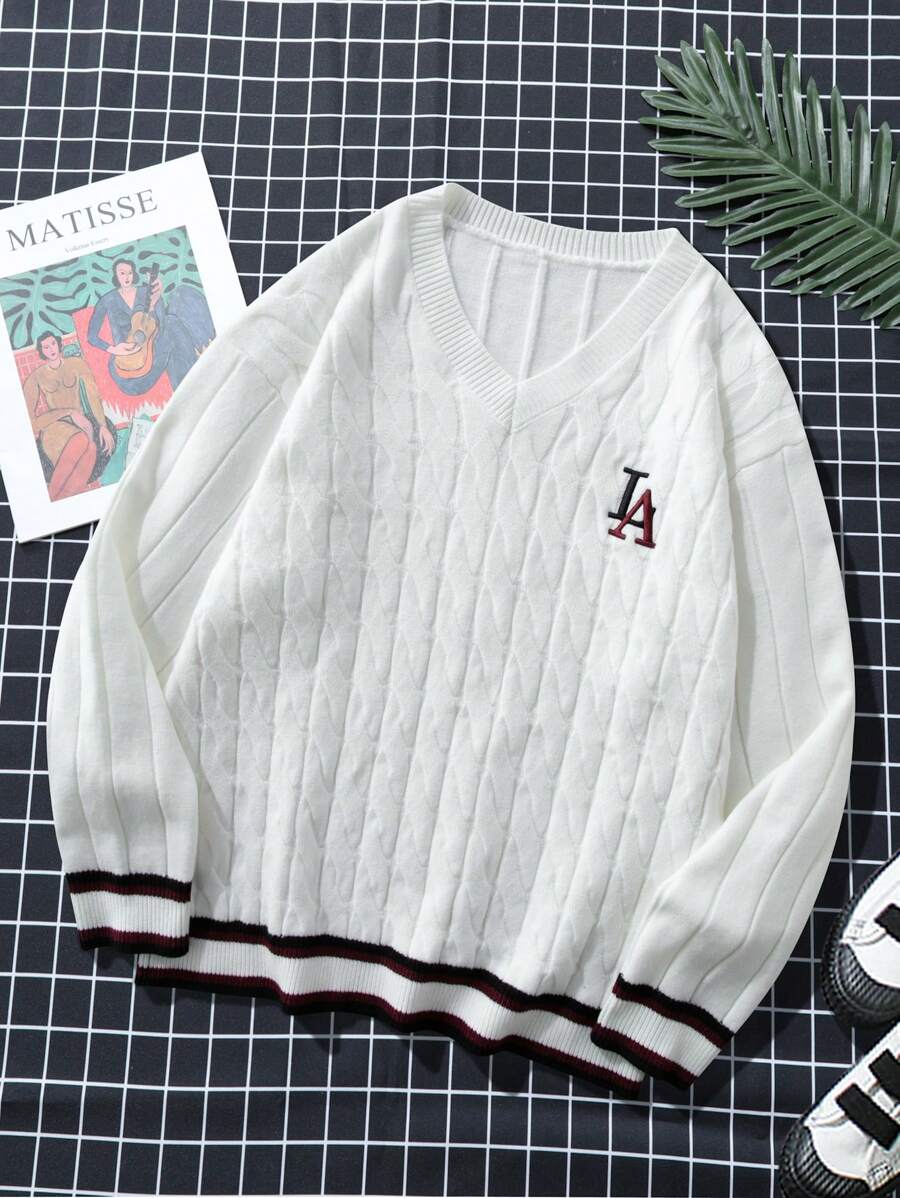 Claim Dot 男士 V 领宽松长袖针织毛衣，带字母刺绣，秋冬 - 白色 - 查看 1