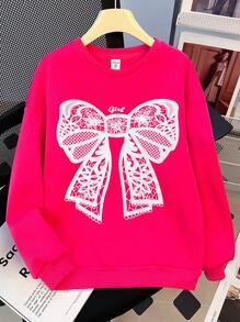 SHEIN Leap Crew 蕾丝蝴蝶结印花，酷炫可爱少女休闲简约长袖圆领厚运动衫，适合秋冬季 - 玫紅色 - 查看 1