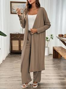 SHEIN LUNE 2 件灰色休闲长袖开衩开衫和裤子套装 - 卡其色 - 查看 6