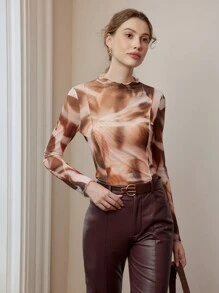 MOTF PREMIUM Áo lưới in họa tiết rau diếp toàn bộ, nửa trong suốt - Cà phê nâu - Xem 8