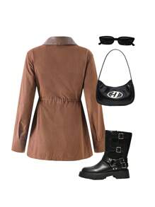 SHEIN Teen Girls Casual Padded Shoulder Loose Jacket For Fall, Suitable To Match Shoulder Bag, Backpack, Crossbody Bag, Baseball Cap, Bucket Hat, Beret, Ankle Boots, Knee-High Boots, Casual Shoes, Mary Janes, Sunglasses, Earphones - Coffee Brown - View 2