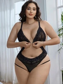 大码女式蕾丝镂空细肩带性感紧身衣 - 紅色 - 查看 3