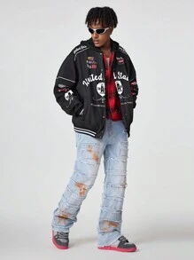 Manfinity VCAY Men's Loose Woven Digital Print Long Sleeve Jacket, For Fall Winter - Black - View 5