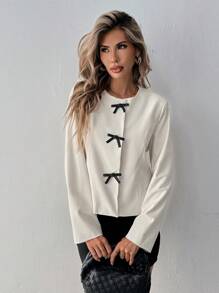 SHEIN Clasi Áo khoác dài tay trang trí nơ thời trang xuân thu cho nữ - Màu be - Xem 4