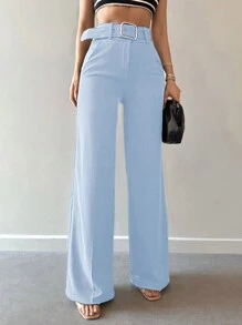 EURMUSE Women's Solid Color Loose Fit Straight Leg Trousers With Pockets For Daily & Workwear - Baby Blue - View 5