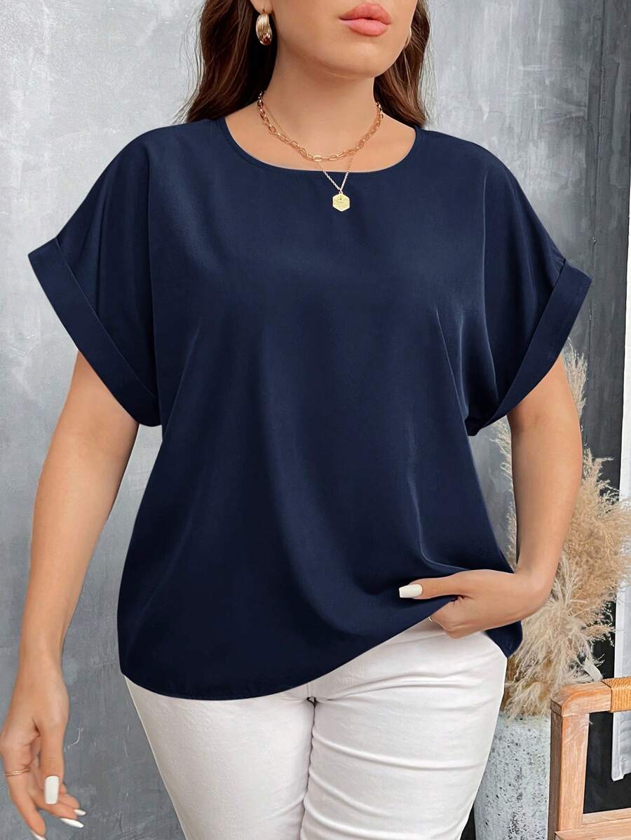 SHEIN LUNE 大码女式秋季休闲纯色蝙蝠袖衬衫女式上衣 - 藏蓝色 - 查看 1