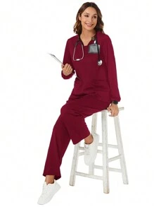 TaskEZ 勃艮第红色女士哑光制服手术套装，宽松哑光 V 领长袖弹力袖口上衣和弹力腰部 2 口袋哑光裤子，冬季哑光工作服 - 酒紅色 - 查看 6