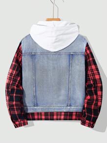 SHEIN Tween Boys Distressed Plaid Patchwork Denim Blue Jacket,For Back To School Clothes And Fall Clothes - Multicolor - View 2