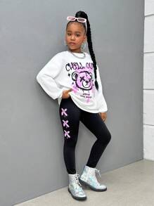 SHEIN Leap Crew Tuta sportiva in pile con girocollo e pantaloni, set per ragazze pre-adolescenti di - Bianco e nero - Visualizzare 4