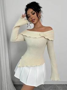 Selianne Women's Fashionable Off Shoulder Asymmetrical Floral 3D Knitted Sweater, Suitable For Holiday Party, Fall Winter - Apricot - View 3