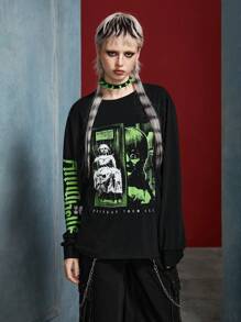 ANNABELLE x SHEIN 男女款单件休闲暗黑朋克风格恐怖人物和字母印花长袖 T 恤，秋季 - 黑色 - 查看 10