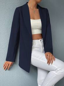 SHEIN Essnce 女士纯色翻领长袖商务休闲西装外套 - 寶藍色 - 查看 5