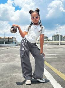 SHEIN Girlism Tween Girl 罗纹针织褶皱短袖 T 恤和工装口袋裤两件套休闲套装 - 灰色 - 查看 6