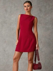 SHEIN BAE Vestito mini aderente senza maniche di colore tinta unita elegante per donna, abiti da cerimonia brevi, abiti da donna autunnali, abiti da donna rossi, abiti da donna borgogna, abiti da donna autunnali, abbigliamento casual da donna, vestito al ginocchio da donna autunnale, abbigliamento natalizio da donna