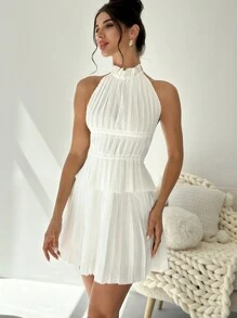 Firerie 2pcs/Set Women Summer Elegant Back-To-School Commute Vacation Street Fashion Halter Pleated Backless Tie Tank Top And High Waist Pleated Mini Skirt