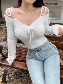 DAZY Women's Knitted Pullover Sweater With Bow,Fall Women Clothes
