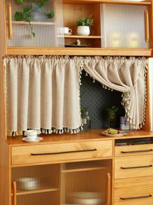 1 件米色仿亚麻波西米亚风窗帘，日式简约流苏窗帘，用于窗户、橱柜和门的房间隔断