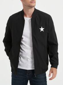 Manfinity Homme Chaqueta bomber de manga larga casual holgada con estampado de pentágono para hombres, ropa de otoño e invierno para hombres, chaqueta abrigada