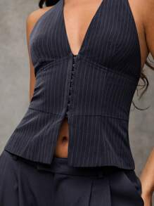 SHEIN BAE Áo blazer nữ cổ chữ V buộc dây màu trơn, kiểu dáng thường ngày, gợi cảm, phong cách công sở cổ điển, trang phục giáo viên mùa thu, trang phục công sở mùa thu. - Màu xanh hải quân - Xem 2