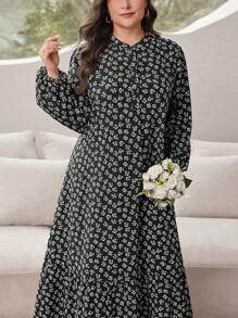Al Najma Plus Size Ditsy Floral Lantern Sleeve Long Dress For Spring & Autumn, For Summer - Black and White - View 3