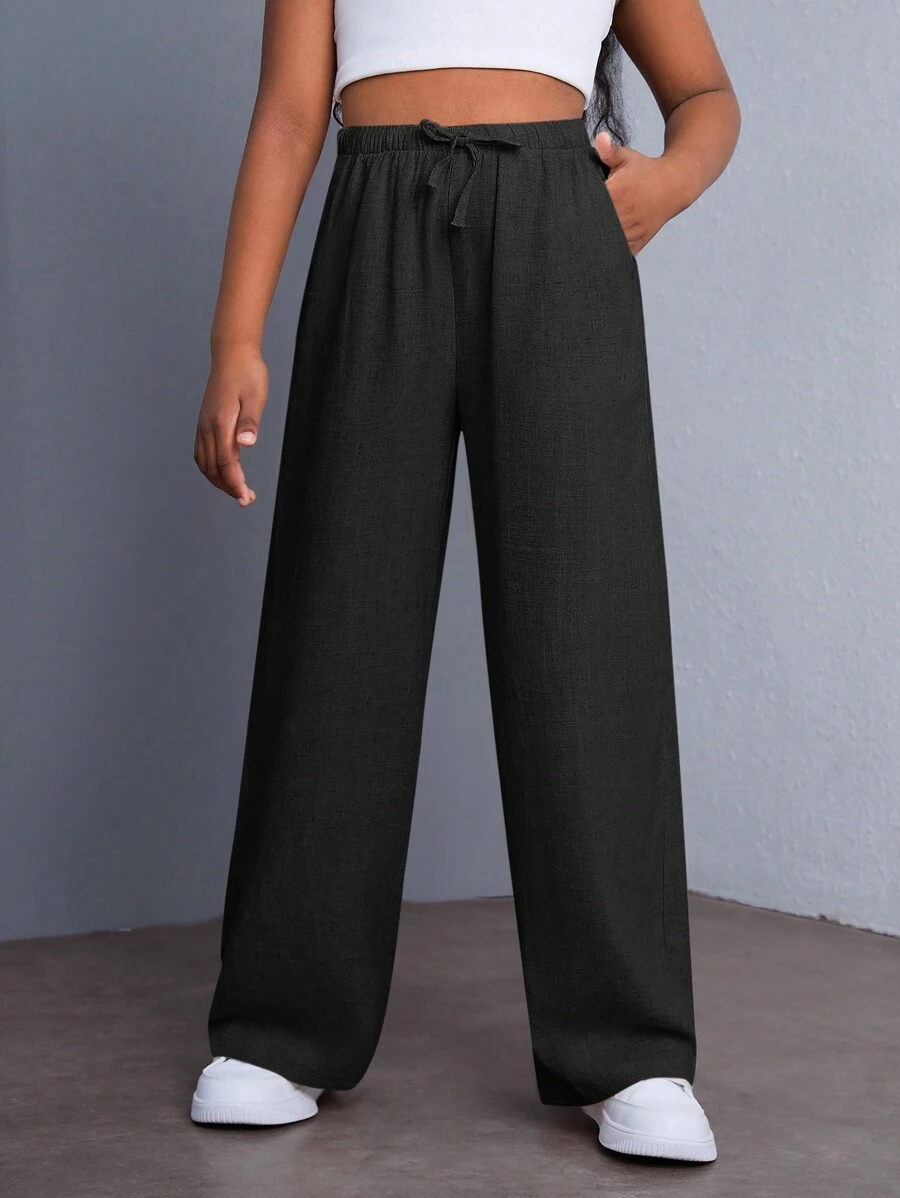 SHEIN Pantalones anchos de pierna ancha sólidos cómodos informales para niña preadolescente - Negro - Ver 1