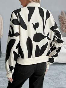 Chiquease 拉链短款黑白树叶印花设计夹克 - 黑與白 - 查看 2